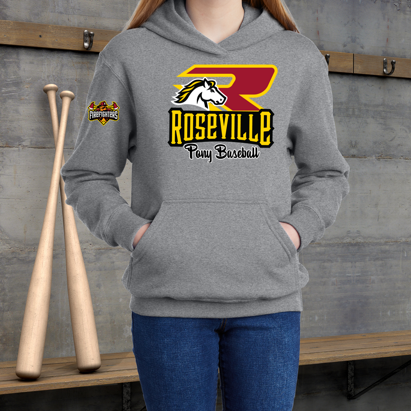 Roseville Pony Baseball Adult/Youth Hoodie-R Fire Fighters