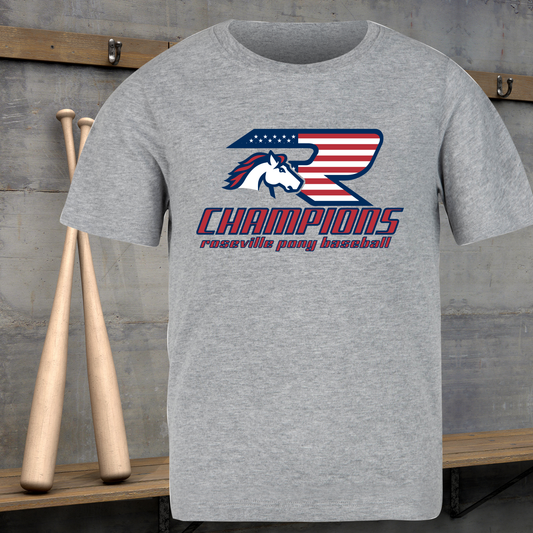 Roseville Pony Baseball Tees and Tanks-Adult and Youth- 2025 CHAMPIONS black